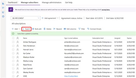 Export subscription information in Visual Studio subscriptions.